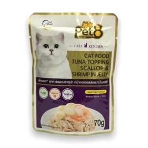 Pet 8 Pouch Cat Gold ปลาทูน่า หน้าหอยเชลล์และกุ้งในเยลลี่ 70gm.