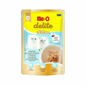 Meo Delite Kitten ปลาทูน่ามูสผสมนมแพะหน้าปลาโอ 70 gm.
