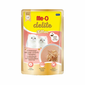 Meo Delite Kitten ปลาแซลมอนมูสผสมนมแพะหน้าปลาโอ 70 gm.