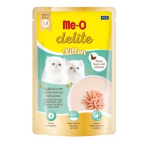 Meo Delite Kitten ไก่มูสมูสผสมนมแพะหน้าปลาแซลมอน 70 gm.
