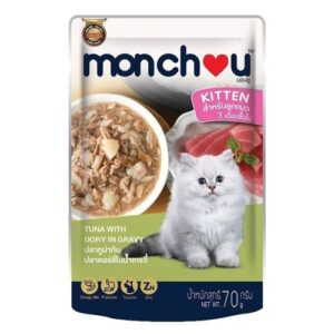 Monchou CAT Kitten ปลาทูน่า&ปลาดอลลี่ในน้ำเกรวี่ 70gm.