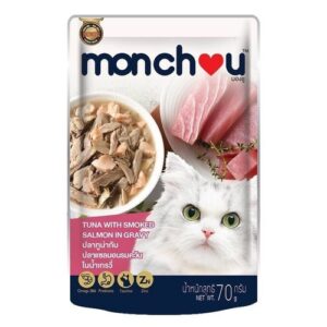 Monchou CAT ปลาทูน่า&ปลาแซลมอนรมควันในน้ำเกรวี่ 70 gm.