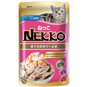 NEKKO ปลาทูน่าหน้ากุ้งและหอยเชลล์ในน้ำเกรวี่ 70 gm.