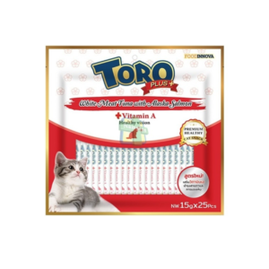 TORO PLUS(แดง)ปลาทูน่าเนื้อขาวกับอลาสก้าแซลมอน 375 gm.