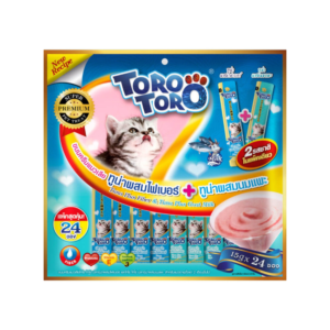 TORO TORO(ฟ้า+เขียว)ทูน่าผสมไฟเบอร์+ทูน่าผสมนมแพะ 15g.(แพ็ค24ซอง)