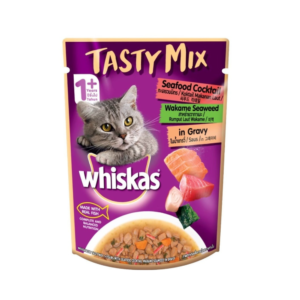 Whiskas 70 gm.TASTY MIXทะเลรวมมิตร+สาหร่ายวากาเมะในเกรวี