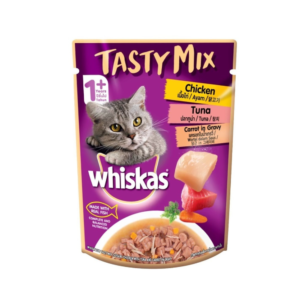 Whiskas 70 gm.TASTY MIX ไก่+ปลาทูน่า+แครอทในน้ำเกรวี่