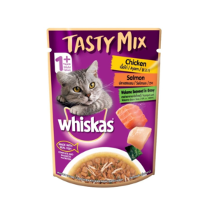 Whiskas 70 gm.TASTY MIX ไก่+แซลมอน+สาหร่ายวากาเมะในน้ำ
